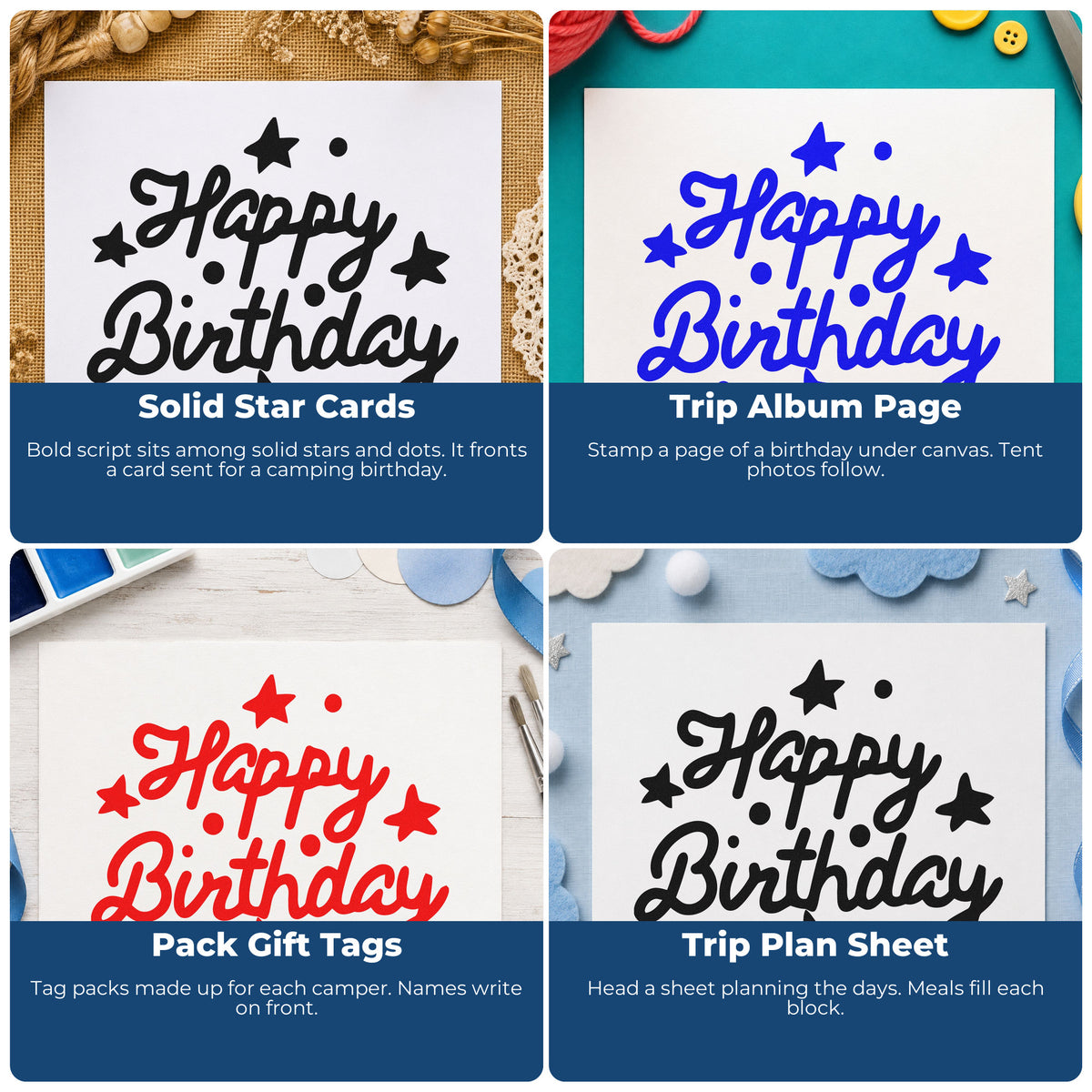 Four ways to use the Happy Birthday Stars Dots Script Lettering Stamp - Premium Vintage Pro Wooden: solid star cards, trip album page, pack gift tags and trip plan sheet.