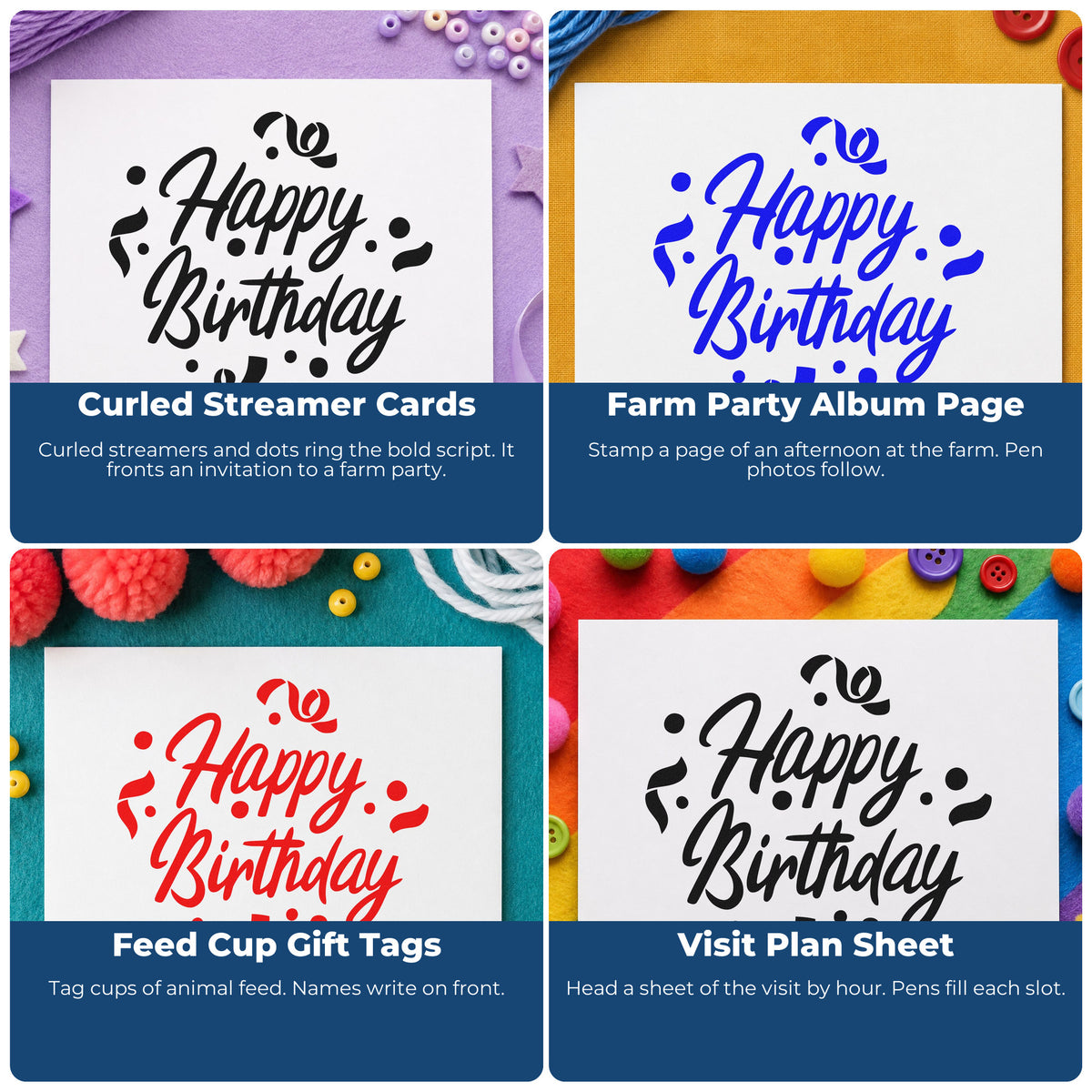 Four ways to use the Birthday Script With Curled Confetti Stamp – Self-Inking: curled streamer cards, farm party album page, feed cup gift tags and visit plan sheet.