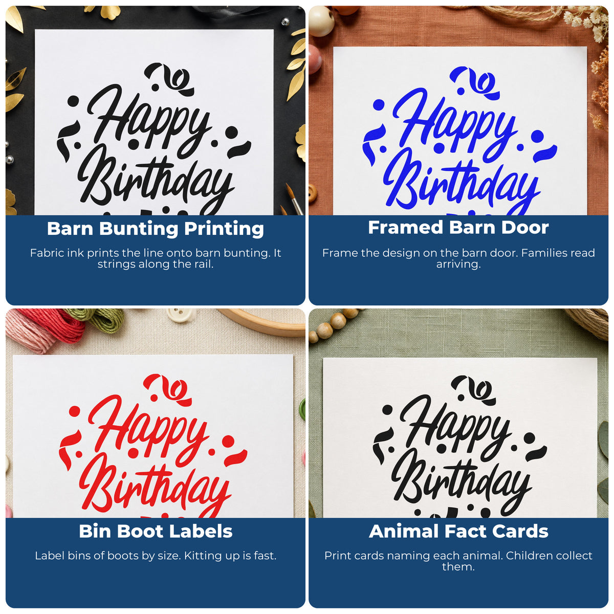 Four ways to use the Wood Handle Birthday Script With Curled Confetti Rubber Stamp: barn bunting printing, framed barn door, bin boot labels and animal fact cards.