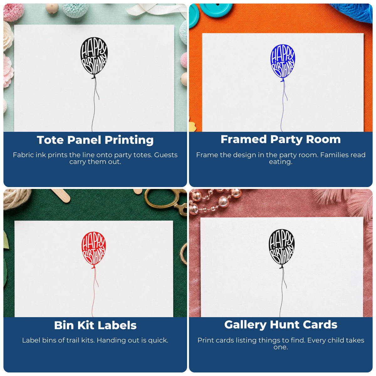 Four ways to use the Happy Birthday Single Balloon Lettering Wood Handle Stamp: tote panel printing, framed party room, bin kit labels and gallery hunt cards.