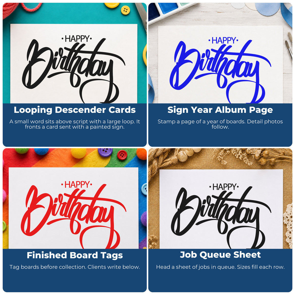 Four ways to use the Happy Birthday Brush Loop Script Hand Stamp – Duo: looping descender cards, sign year album page, finished board tags and job queue sheet.