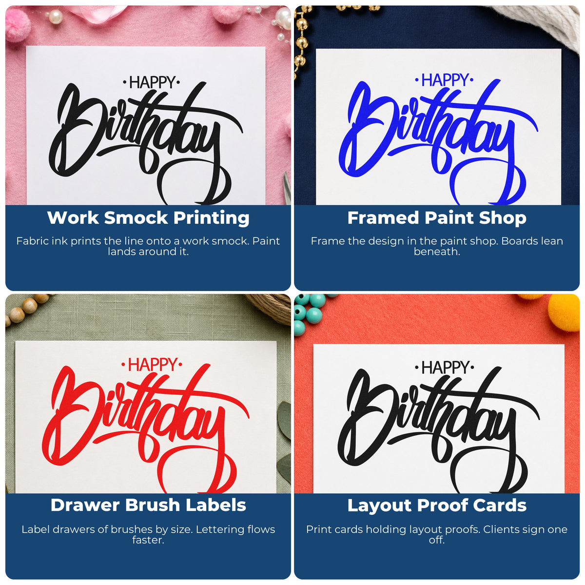 Four ways to use the Happy Birthday Brush Loop Script Hand Stamp – Duo: work smock printing, framed paint shop, drawer brush labels and layout proof cards.