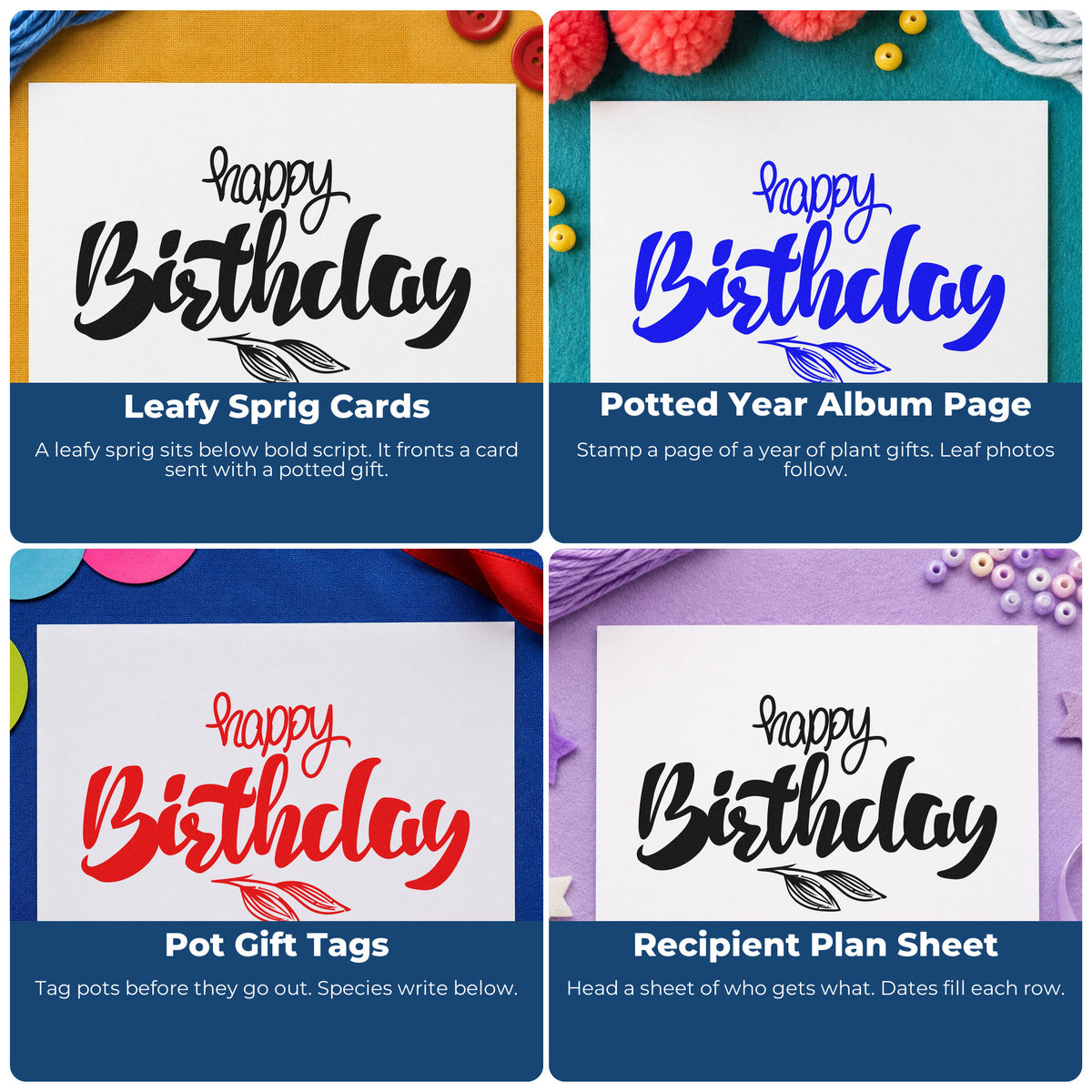 Four ways to use the Birthday Script Leaf Sprig Self-Inking Stamp: leafy sprig cards, potted year album page, pot gift tags and recipient plan sheet.