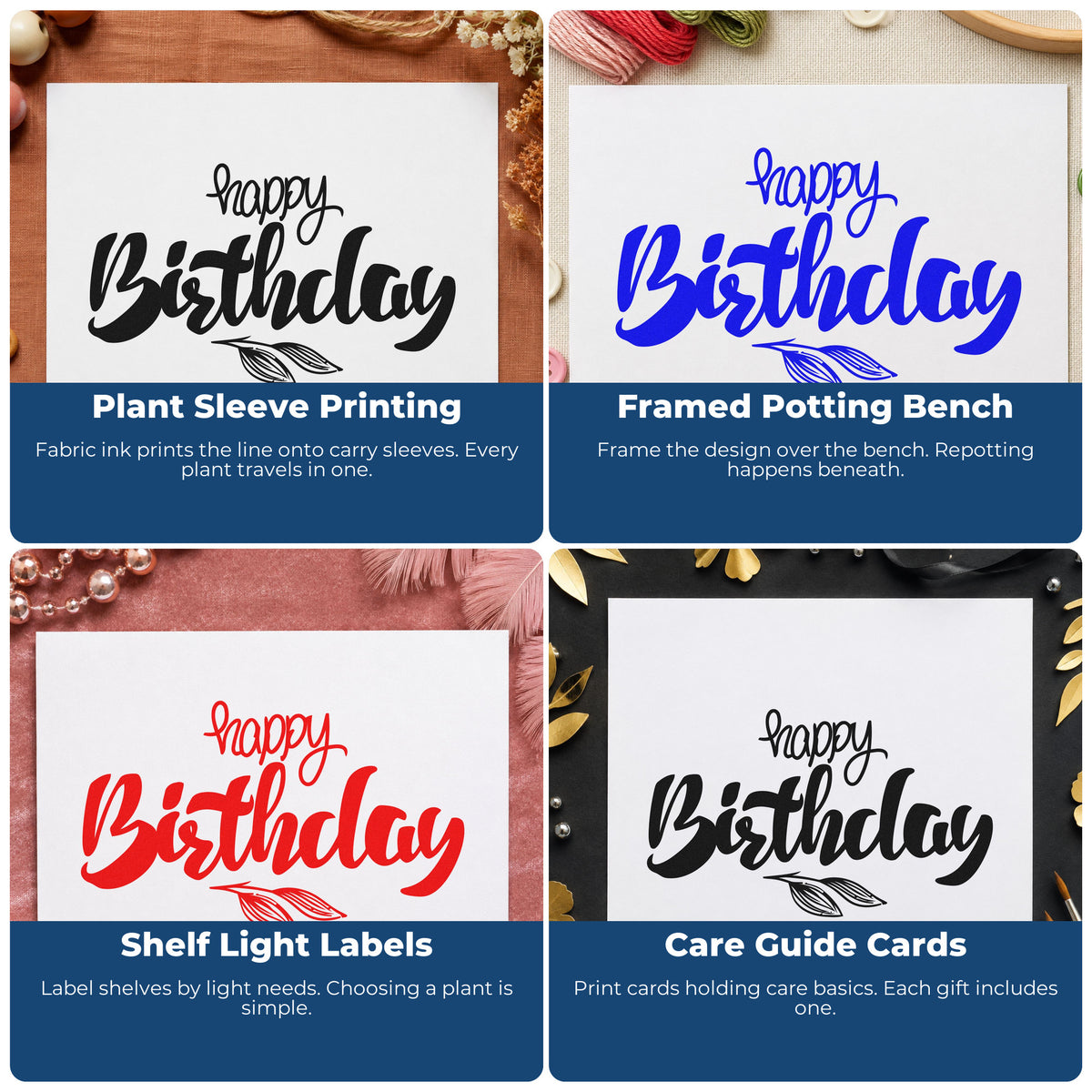 Four ways to use the Birthday Script Leaf Sprig Rubber Stamp – Duo Hand: plant sleeve printing, framed potting bench, shelf light labels and care guide cards.