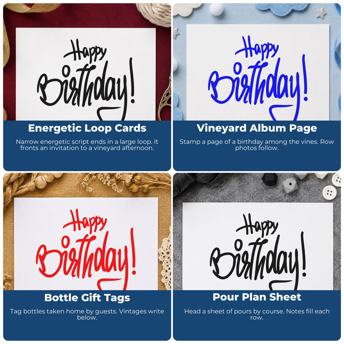 Four ways to use the Happy Birthday Tall Looped Script Rubber Stamp – Wood Handle: energetic loop cards, vineyard album page, bottle gift tags and pour plan sheet.