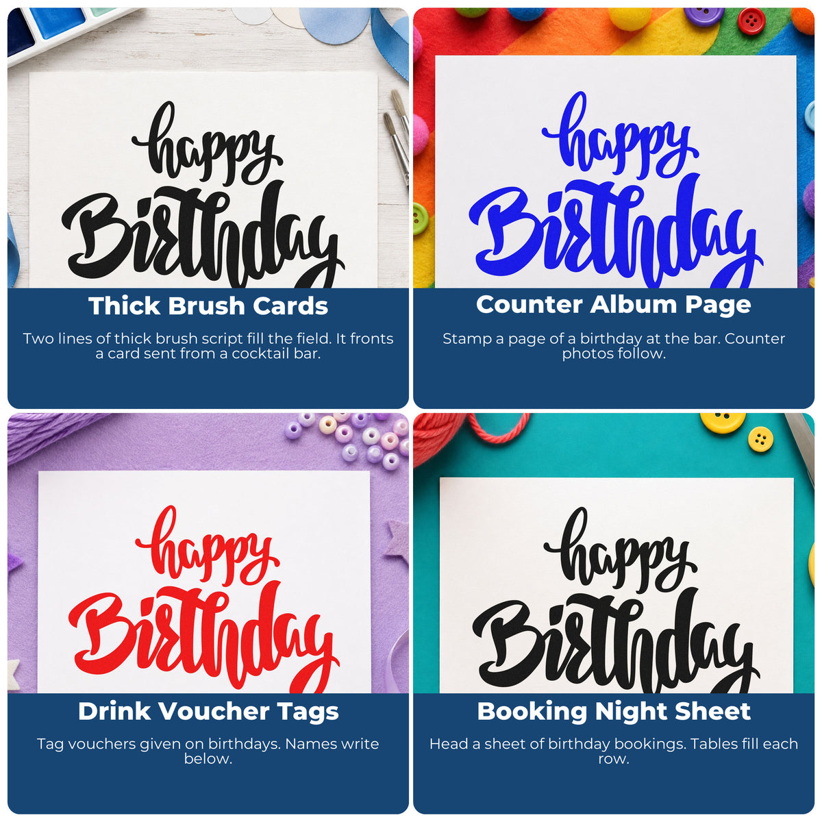 Four ways to use the Happy Birthday Heavy Script Lettering Premium Wooden Stamp - Vintage Pro: thick brush cards, counter album page, drink voucher tags and booking night sheet.