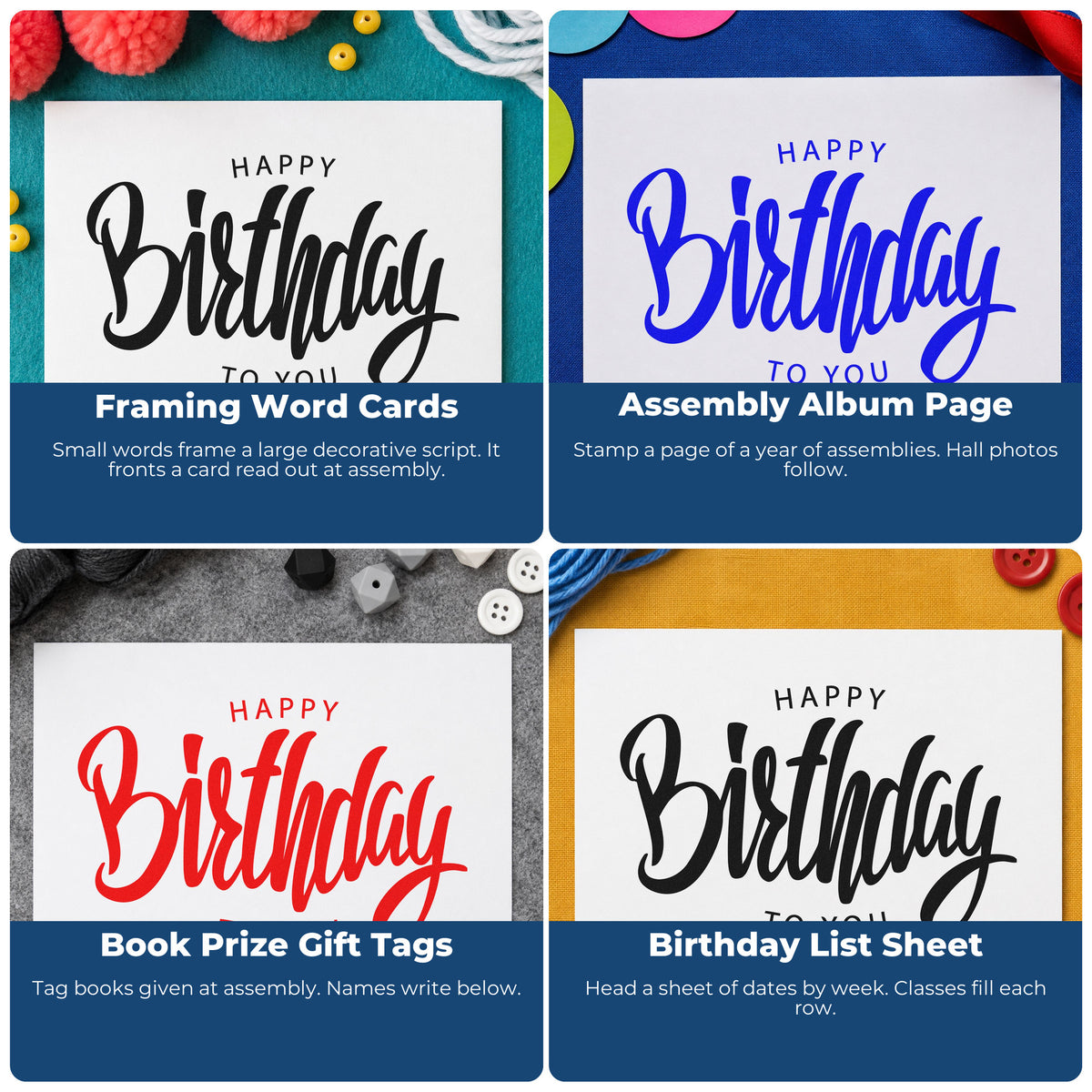 Four ways to use the Happy Birthday To You Frame Accent Duo Hand Stamp: framing word cards, assembly album page, book prize gift tags and birthday list sheet.