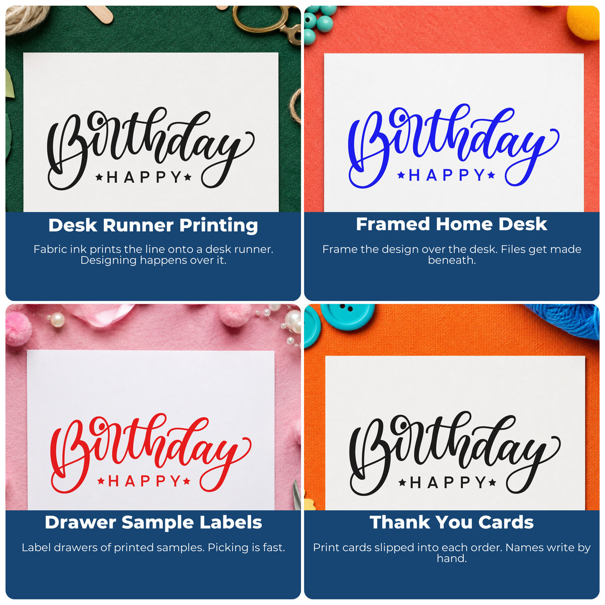 Four ways to use the Slim Pre-Inked Birthday Happy Reversed Layout Script Lettering Stamp: desk runner printing, framed home desk, drawer sample labels and thank you cards.