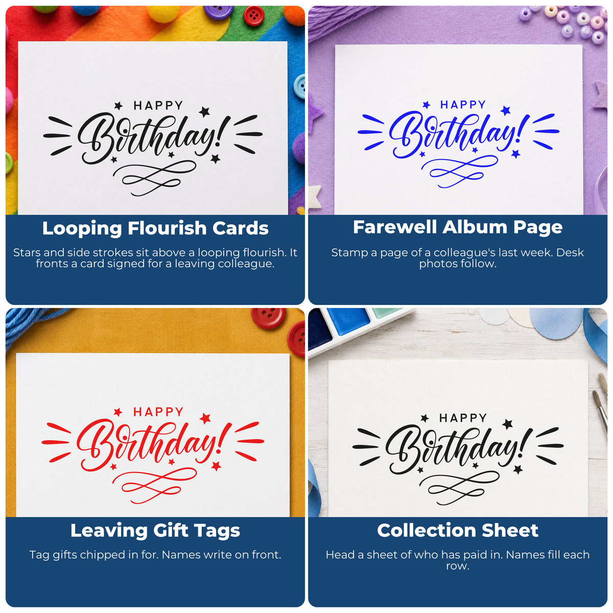 Four ways to use the Birthday Decorative Swirl Accent Wood-Mounted Rubber Stamp: looping flourish cards, farewell album page, leaving gift tags and collection sheet.