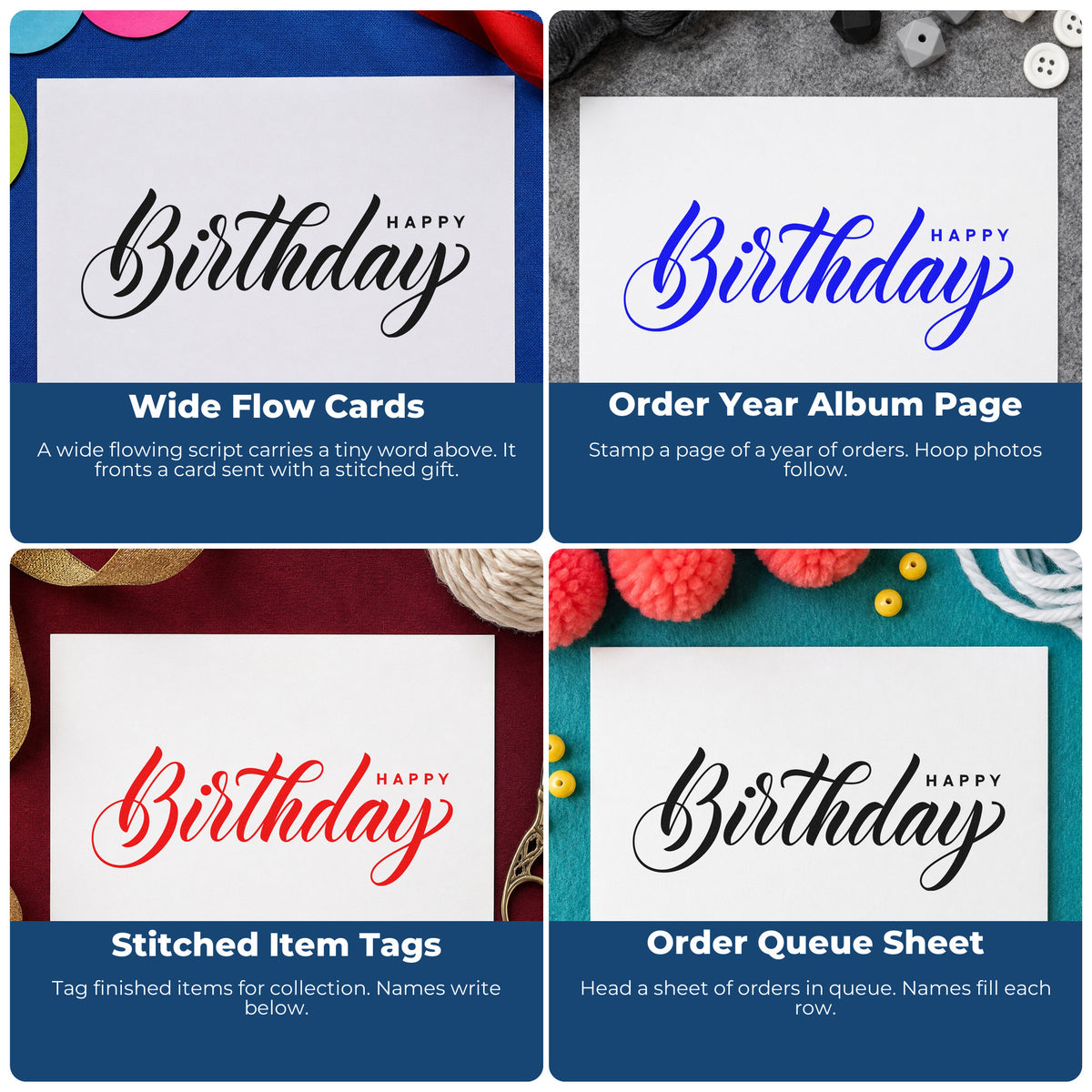 Four ways to use the Self-Inking Happy Birthday Asymmetric Script Stamp: wide flow cards, order year album page, stitched item tags and order queue sheet.