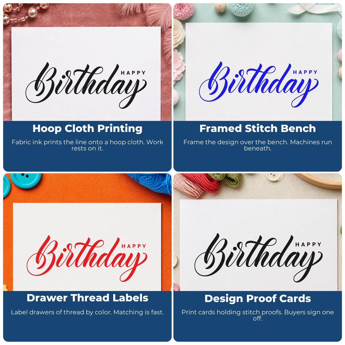 Four ways to use the Happy Birthday Asymmetric Script Stamp – Duo Hand: hoop cloth printing, framed stitch bench, drawer thread labels and design proof cards.