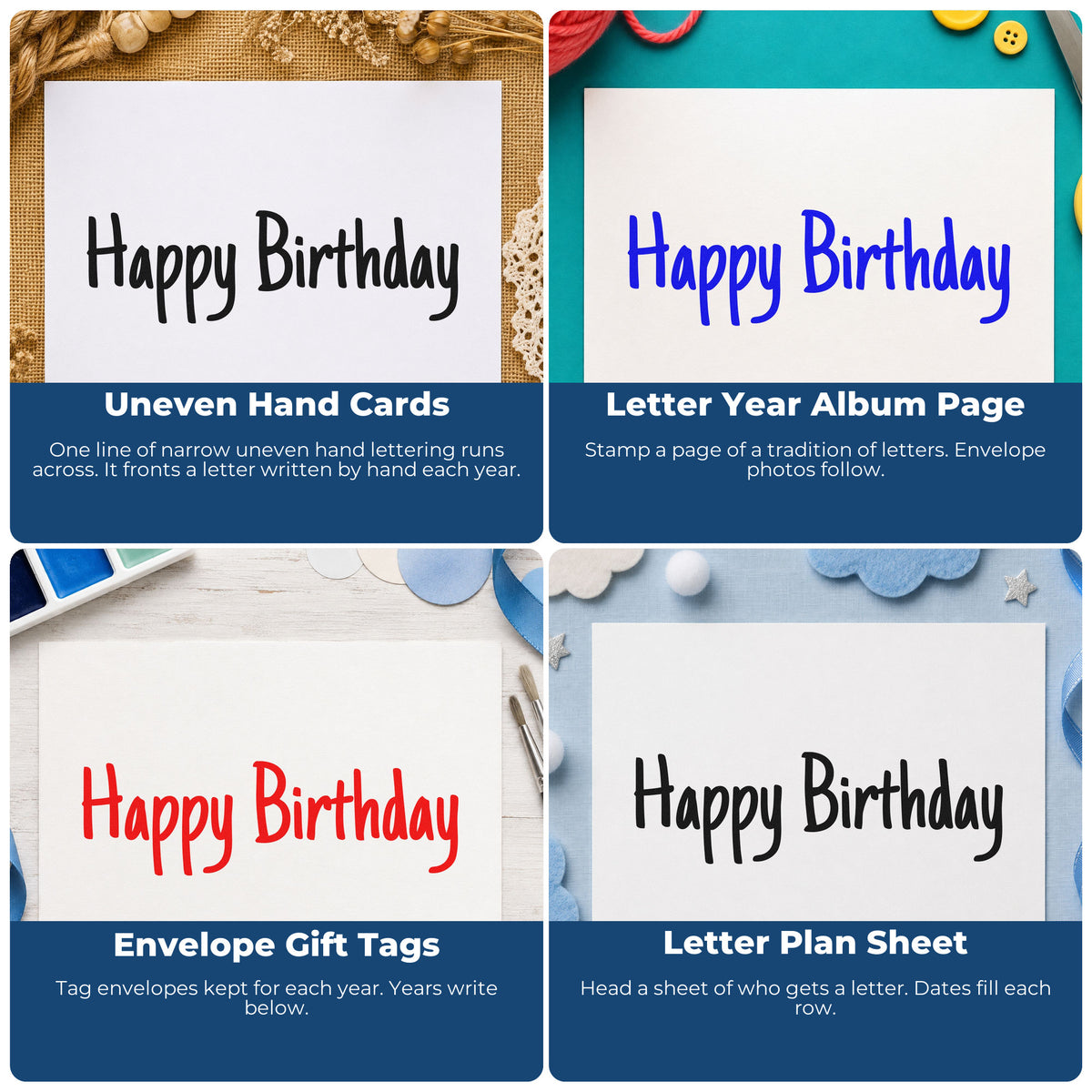 Four ways to use the Happy Birthday Narrow Handwriting Pre-Inked Stamp – Slim: uneven hand cards, letter year album page, envelope gift tags and letter plan sheet.