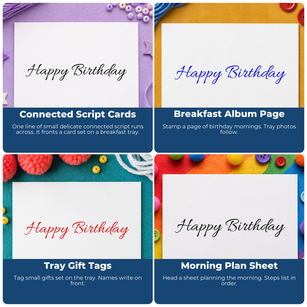Four ways to use the Fine-Line Birthday Greeting Script Wood Handle Stamp: connected script cards, breakfast album page, tray gift tags and morning plan sheet.
