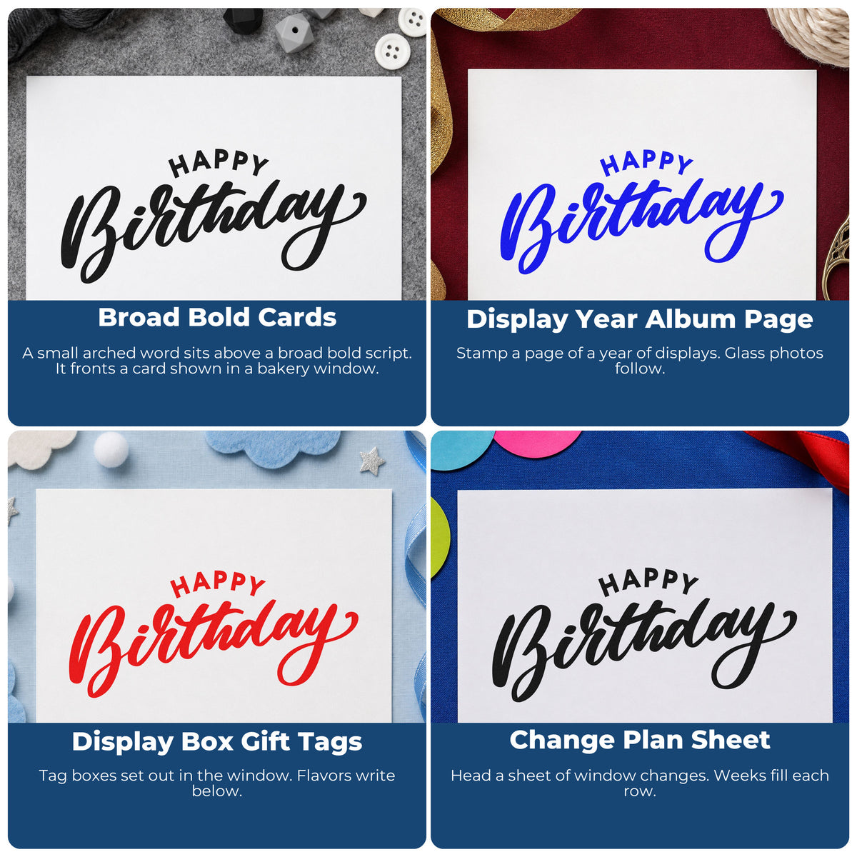 Four ways to use the Happy Birthday Arched Heading Stamp – Slim Pre-Inked: broad bold cards, display year album page, display box gift tags and change plan sheet.