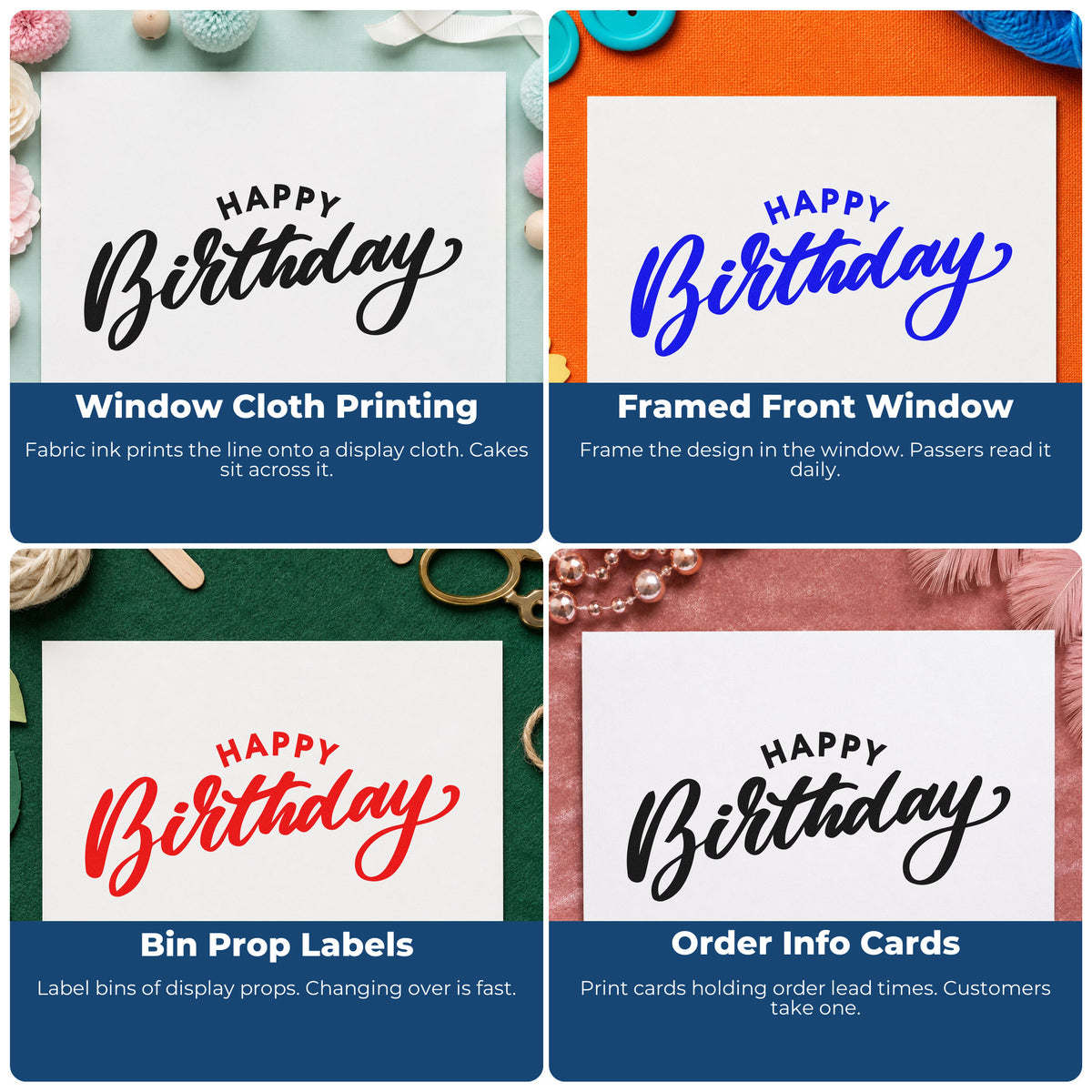 Four ways to use the Happy Birthday Arched Heading PSI Pre-Inked Stamp: window cloth printing, framed front window, bin prop labels and order info cards.