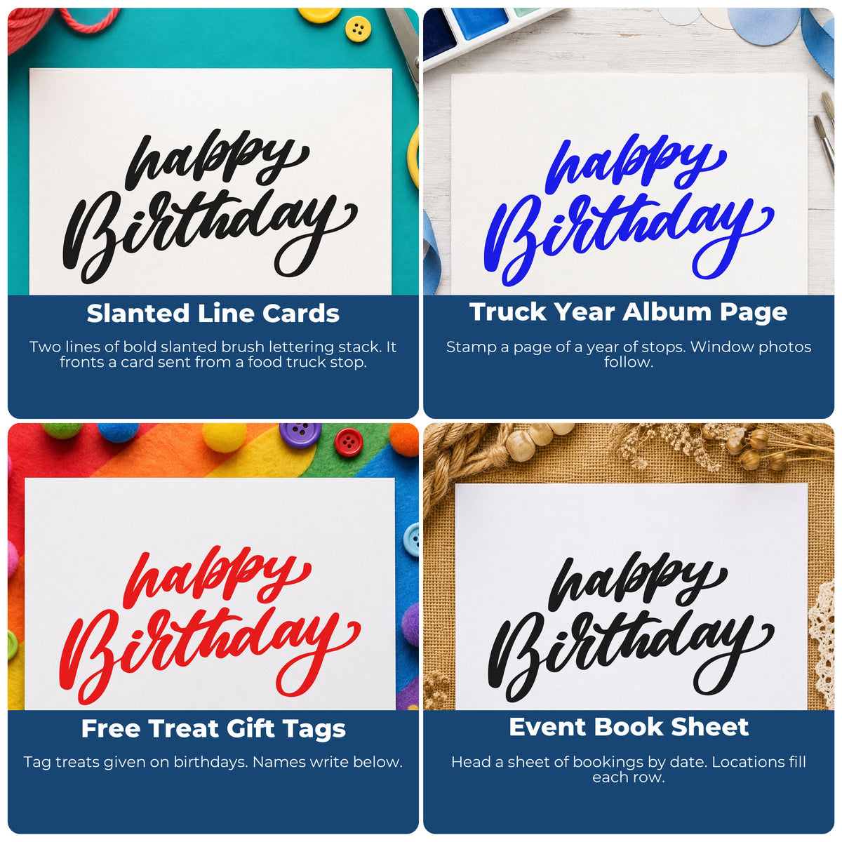 Four ways to use the Happy Birthday Slanted Brush Lettering Self-Inking Stamp: slanted line cards, truck year album page, free treat gift tags and event book sheet.
