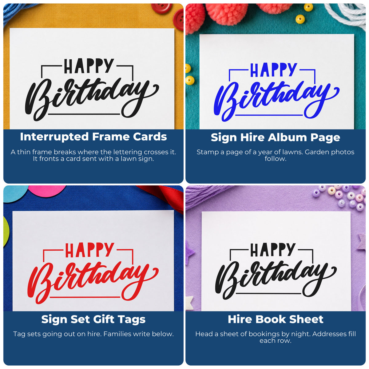 Four ways to use the Birthday Script Rectangular Frame Rubber Stamp – Wood Handle: interrupted frame cards, sign hire album page, sign set gift tags and hire book sheet.