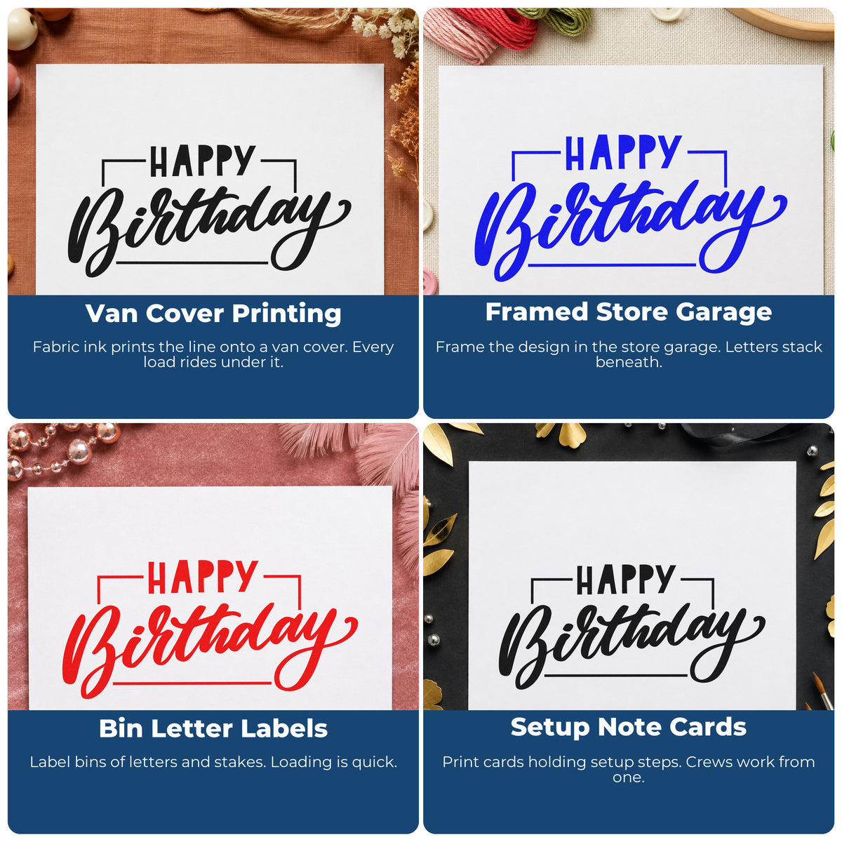 Four ways to use the Birthday Script Rectangular Frame Hand Stamp – Duo: van cover printing, framed store garage, bin letter labels and setup note cards.