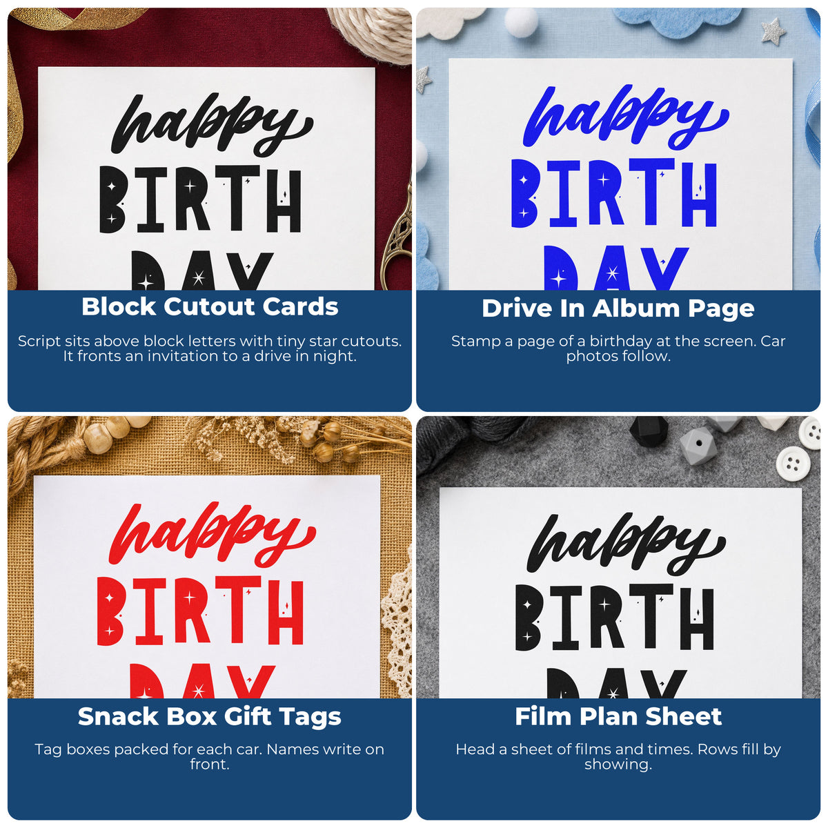 Four ways to use the Happy Birthday Star Cutouts Block Lettering Stamp - Premium Vintage Pro Wooden: block cutout cards, drive in album page, snack box gift tags and film plan sheet.