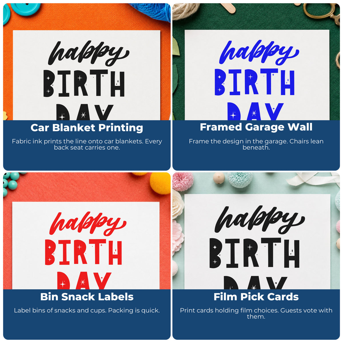 Four ways to use the Happy Birthday Star Cutouts Block Lettering Stamp - Premium Vintage Pro Wooden: car blanket printing, framed garage wall, bin snack labels and film pick cards.