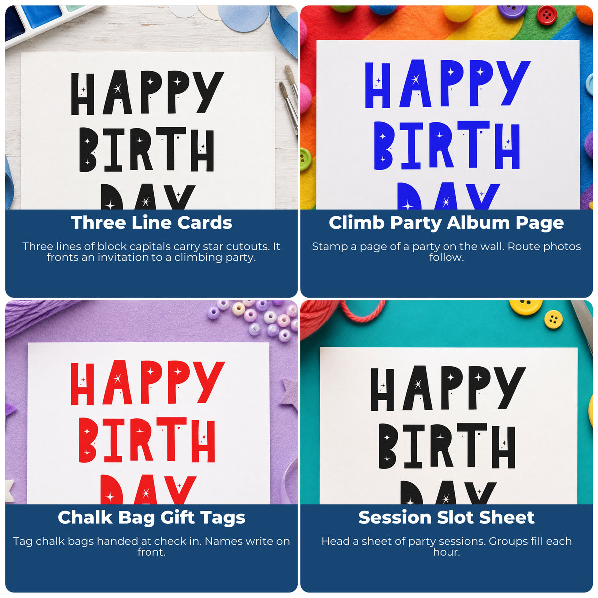Four ways to use the Birthday Block Star Cutouts Rubber Stamp – Wood Handle: three line cards, climb party album page, chalk bag gift tags and session slot sheet.