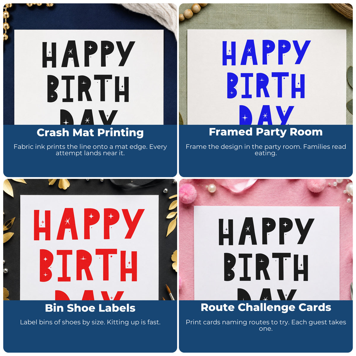 Four ways to use the Birthday Block Star Cutouts Slim Pre-Inked Stamp: crash mat printing, framed party room, bin shoe labels and route challenge cards.