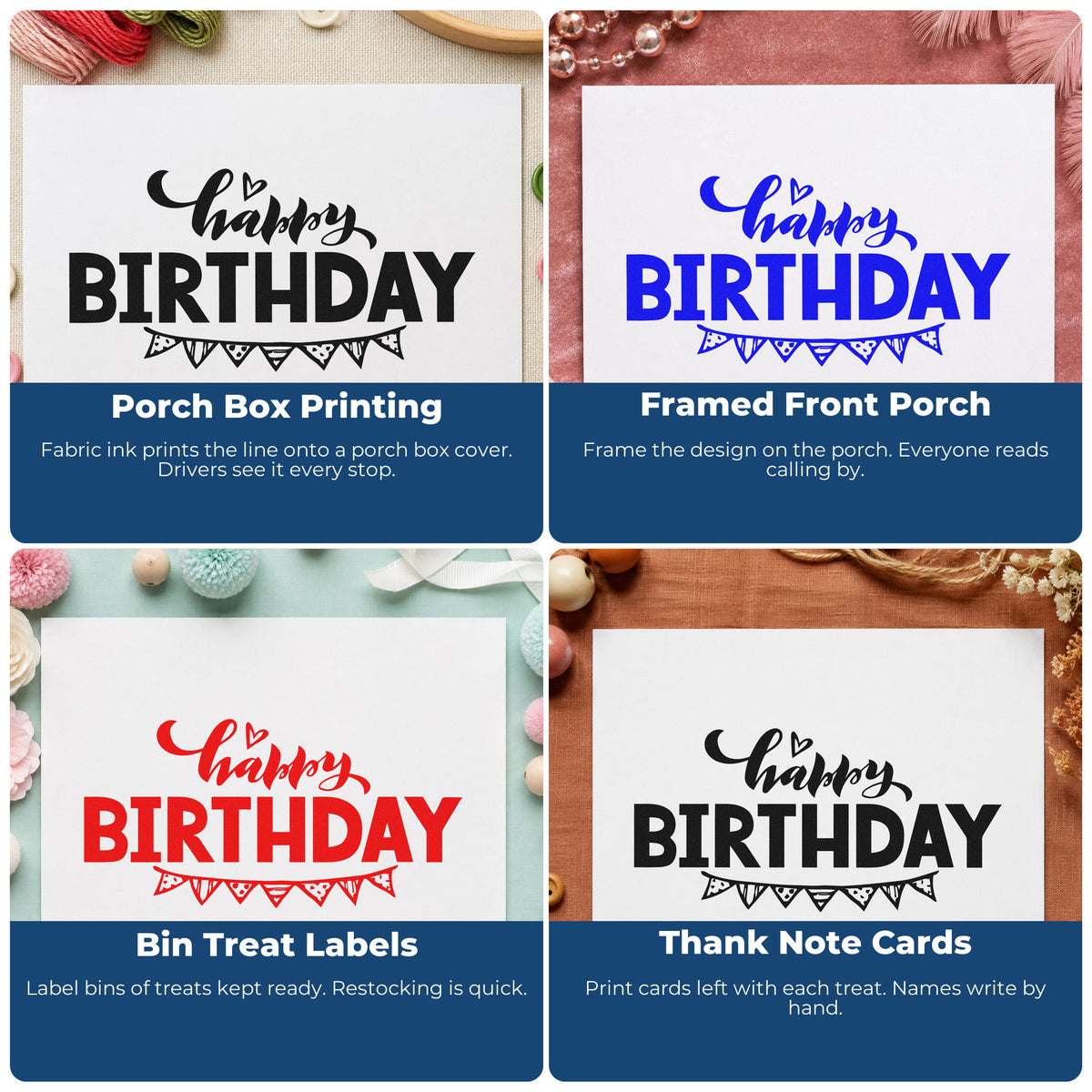 Four ways to use the Happy Birthday Pennant Underline Bunting Self-Inking Craft Stamp: porch box printing, framed front porch, bin treat labels and thank note cards.