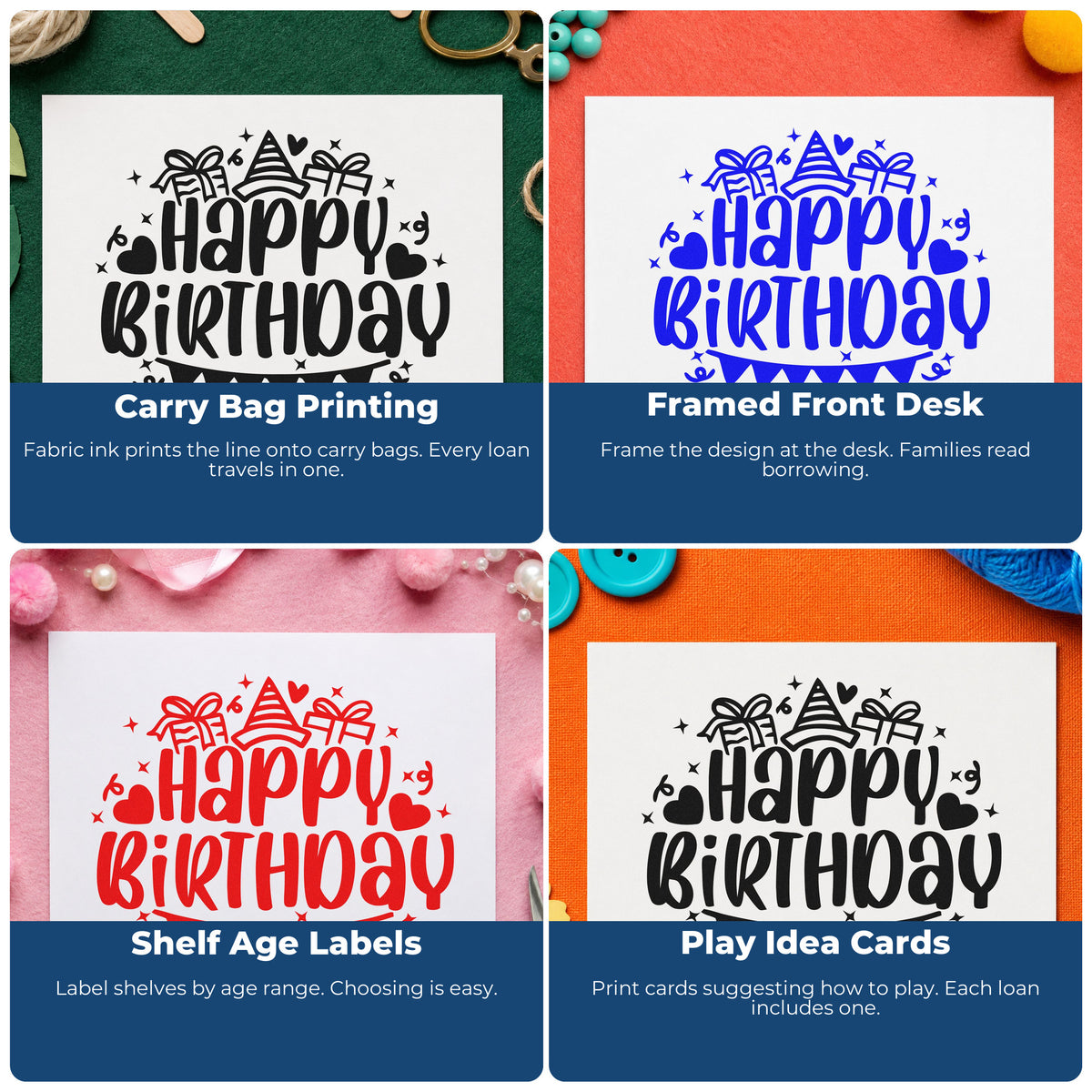 Four ways to use the Birthday Gifts Hat Bunting Hand Stamp – Duo: carry bag printing, framed front desk, shelf age labels and play idea cards.