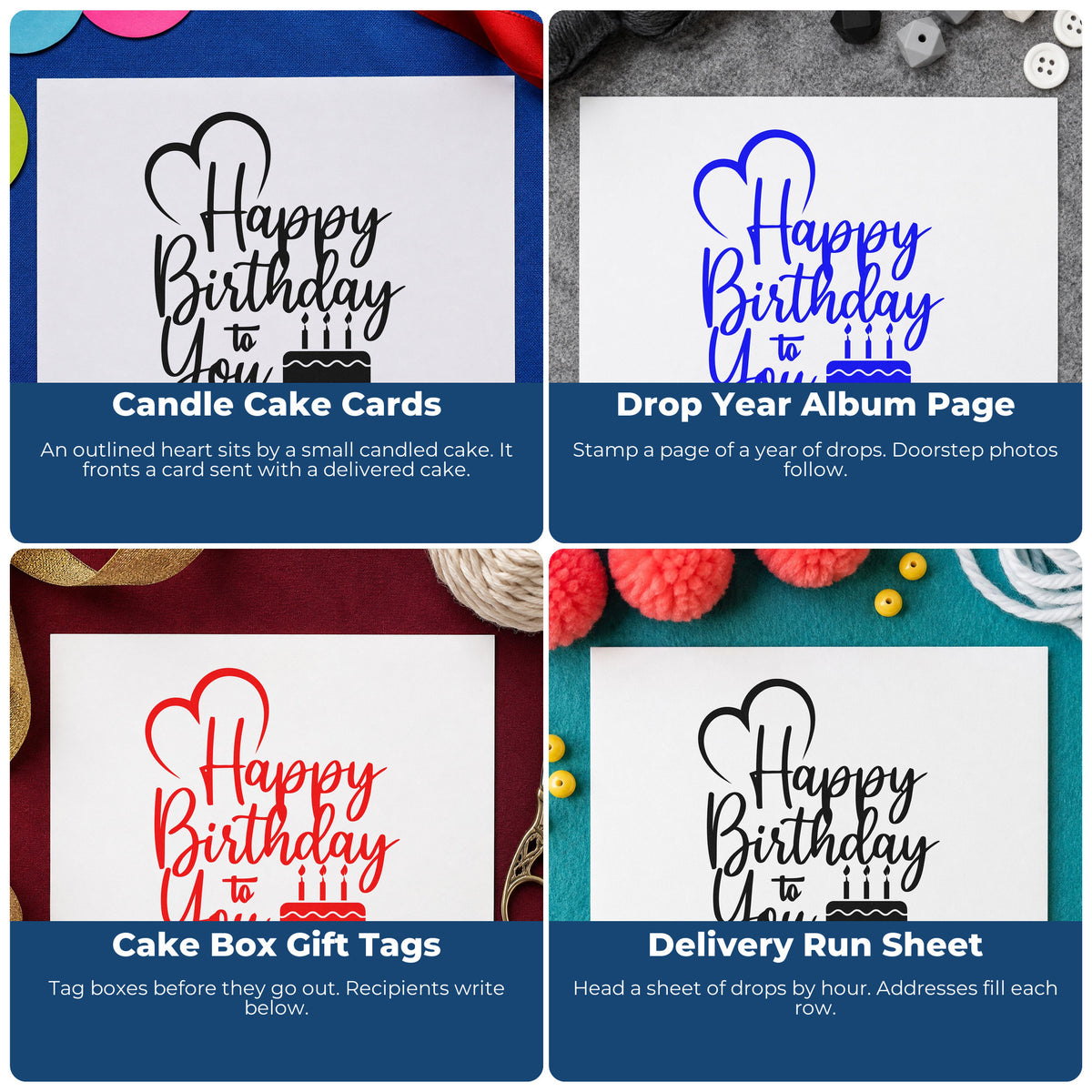 Four ways to use the Birthday To You Cake Pre-Inked Stamp – Slim: candle cake cards, drop year album page, cake box gift tags and delivery run sheet.