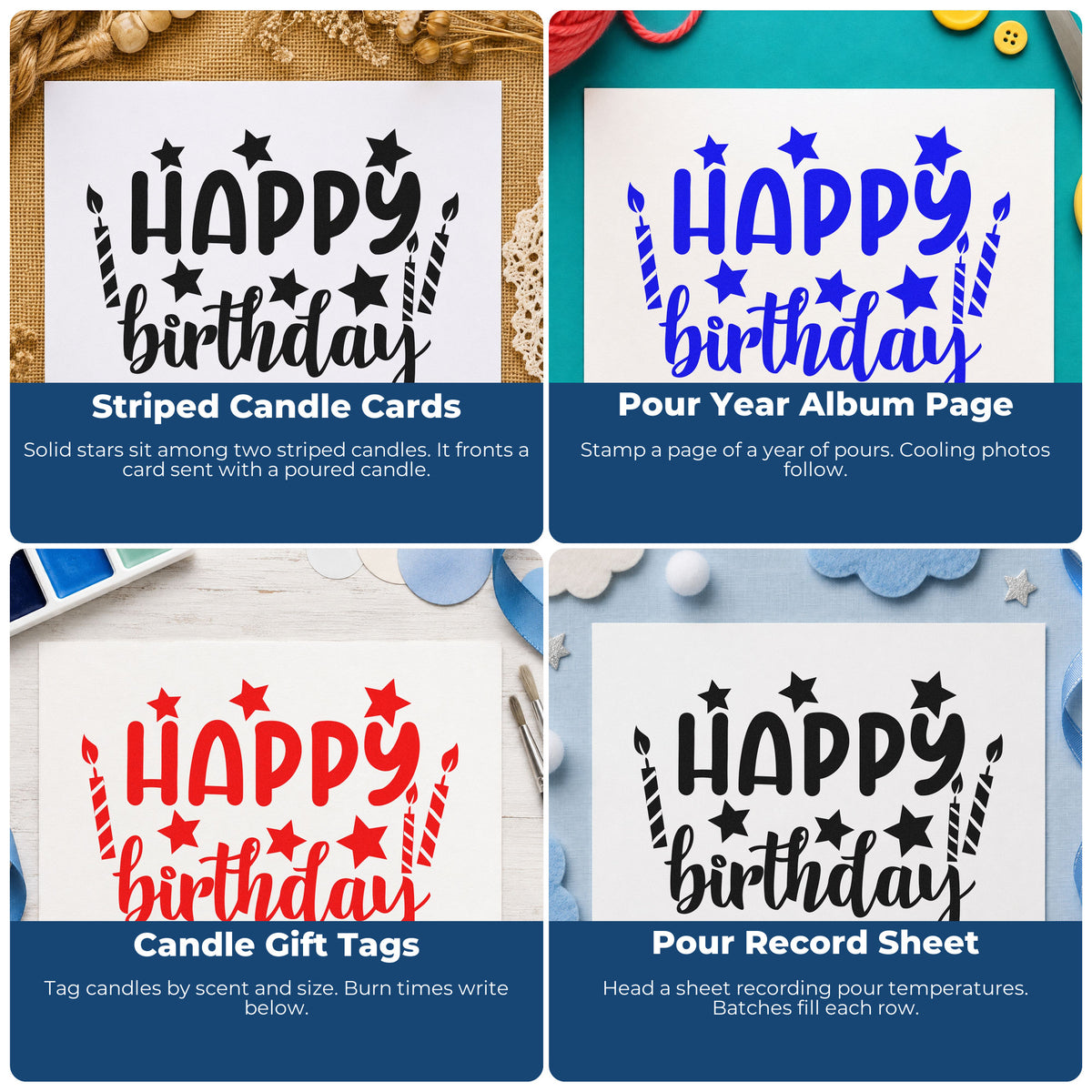 Four ways to use the Birthday Stars And Candles Wood Handle Stamp: striped candle cards, pour year album page, candle gift tags and pour record sheet.