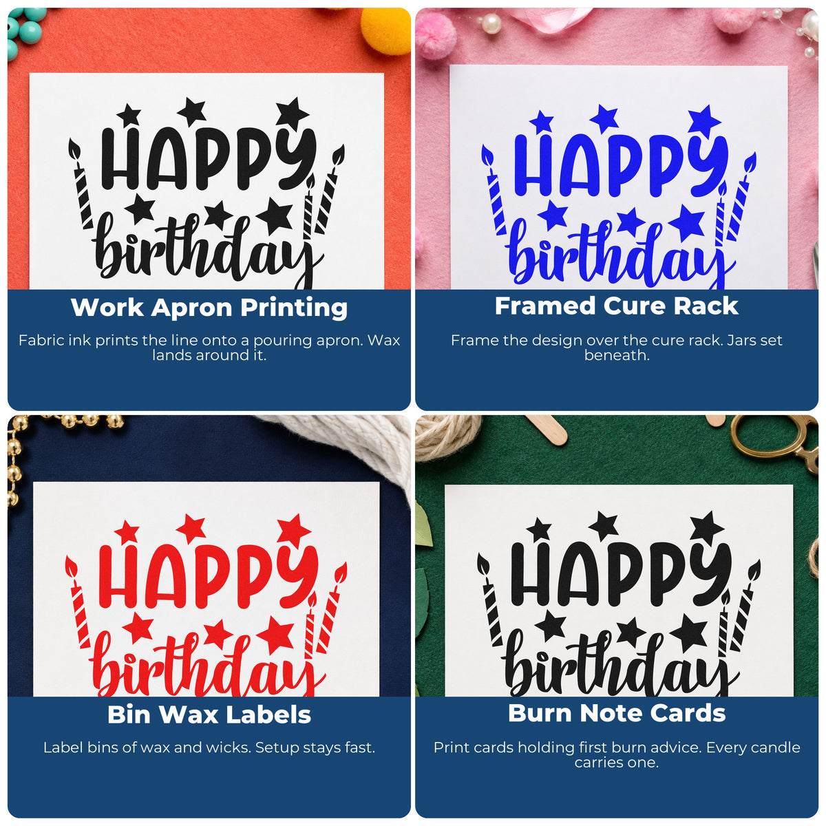 Four ways to use the Birthday Stars And Candles Wood Handle Stamp: work apron printing, framed cure rack, bin wax labels and burn note cards.