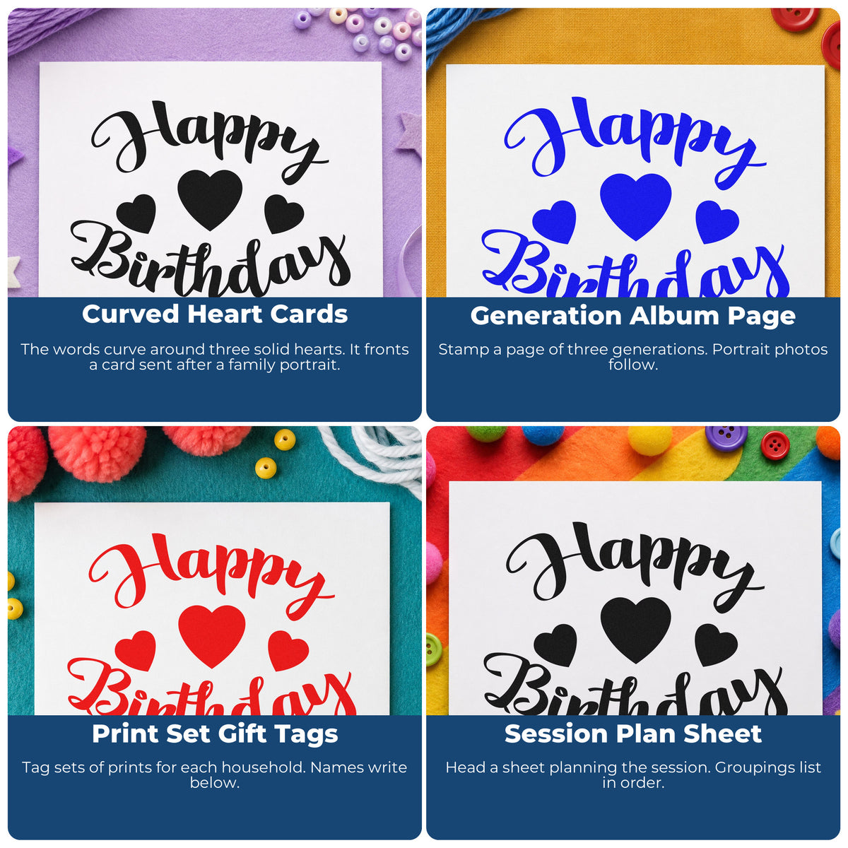Four ways to use the Three Hearts Birthday Greeting Premium Wood-Mounted Stamp - Vintage Pro: curved heart cards, generation album page, print set gift tags and session plan sheet.
