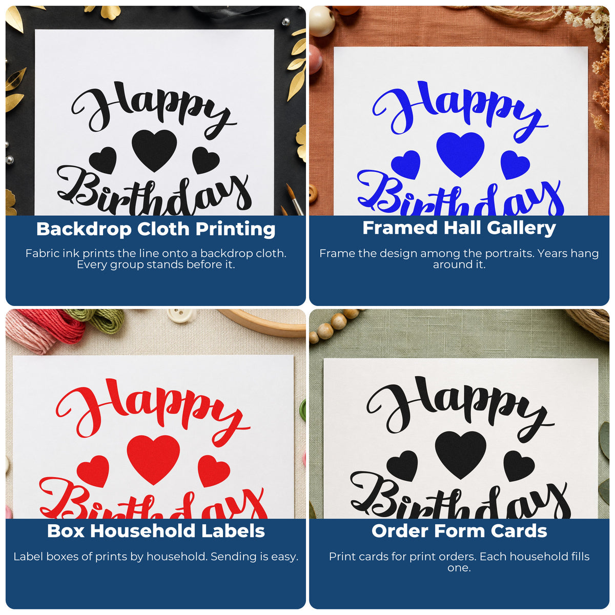 Four ways to use the Three Hearts Birthday Greeting Stamp – Slim Pre-Inked: backdrop cloth printing, framed hall gallery, box household labels and order form cards.