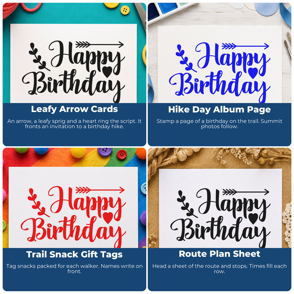 Four ways to use the Birthday Arrow Leaf Hearts Rubber Stamp – Wood Handle: leafy arrow cards, hike day album page, trail snack gift tags and route plan sheet.