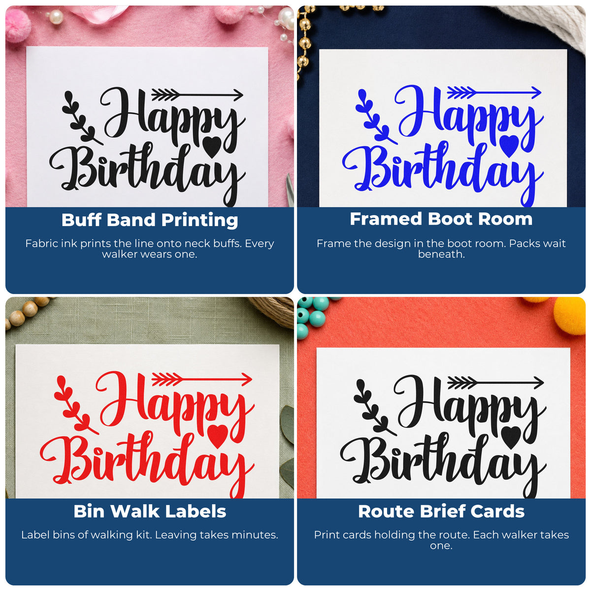 Four ways to use the Birthday Arrow Leaf Hearts Rubber Stamp – Wood Handle: buff band printing, framed boot room, bin walk labels and route brief cards.