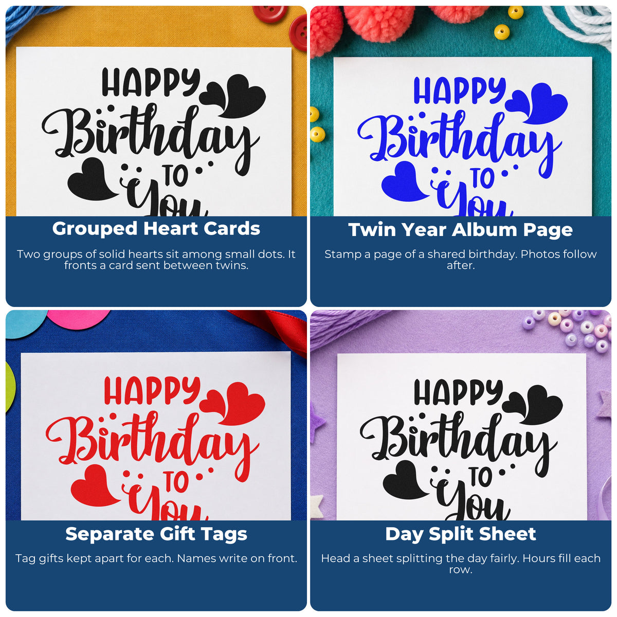 Four ways to use the Premium Wooden Heart-Dotted Birthday Wishes To You Stamp - Vintage Pro: grouped heart cards, twin year album page, separate gift tags and day split sheet.
