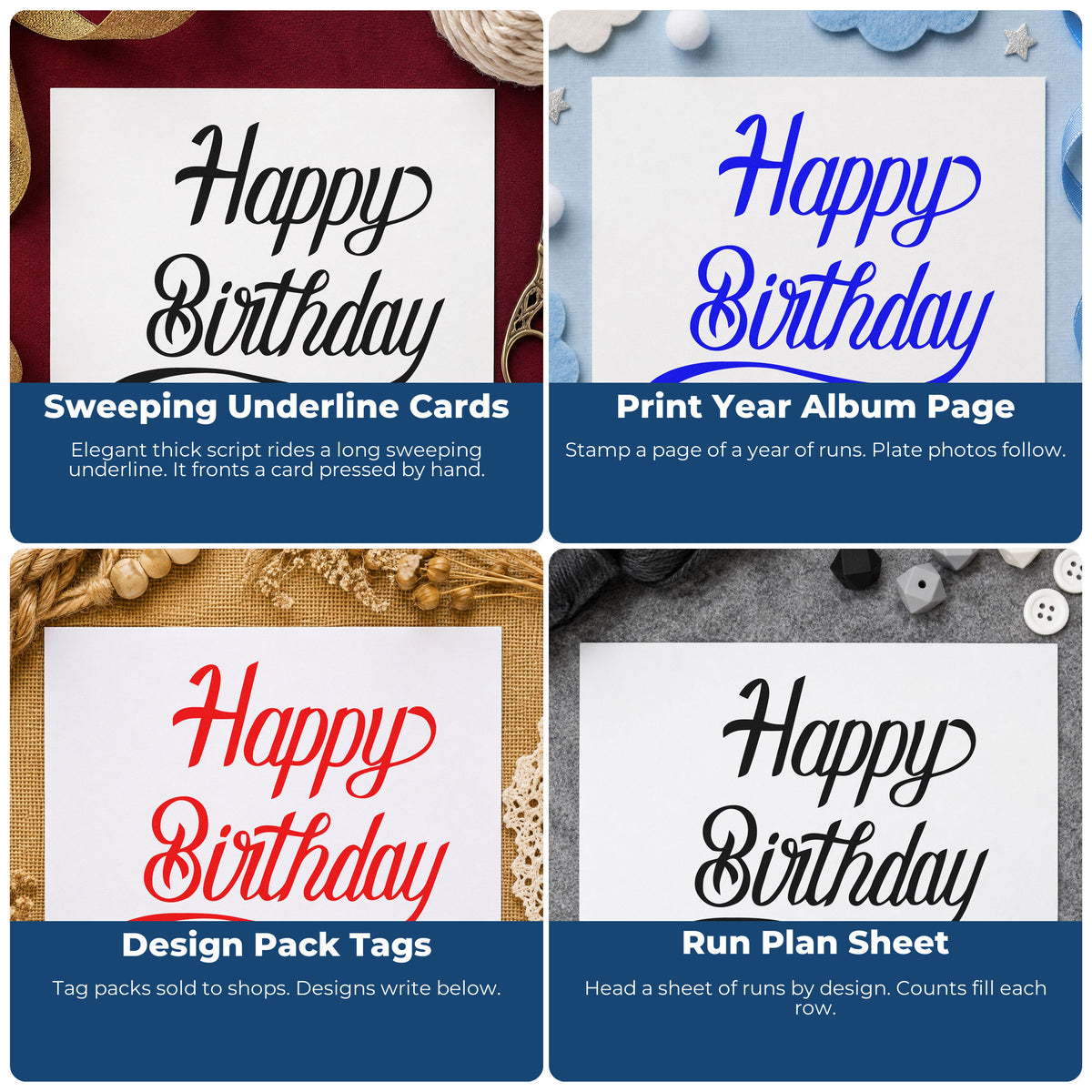 Four ways to use the Happy Birthday Long Underline Premium Wood-Mounted Stamp - Vintage Pro: sweeping underline cards, print year album page, design pack tags and run plan sheet.