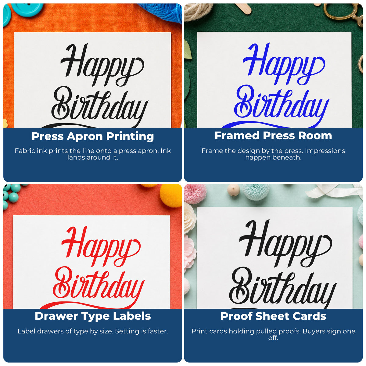 Four ways to use the Happy Birthday Long Underline Slim Pre-Inked Stamp: press apron printing, framed press room, drawer type labels and proof sheet cards.