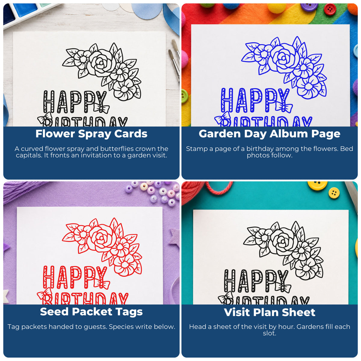 Four ways to use the Floral Happy Birthday Butterflies Stamp - Premium Vintage Pro Wooden: flower spray cards, garden day album page, seed packet tags and visit plan sheet.
