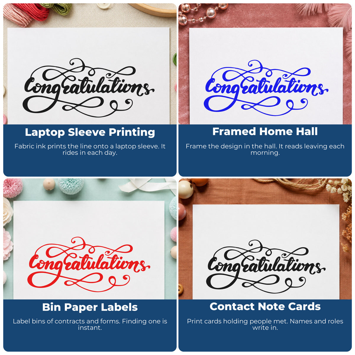 Four ways to use the Congratulations Ornate Flourishes Pre-Inked Stamp – Slim: laptop sleeve printing, framed home hall, bin paper labels and contact note cards.