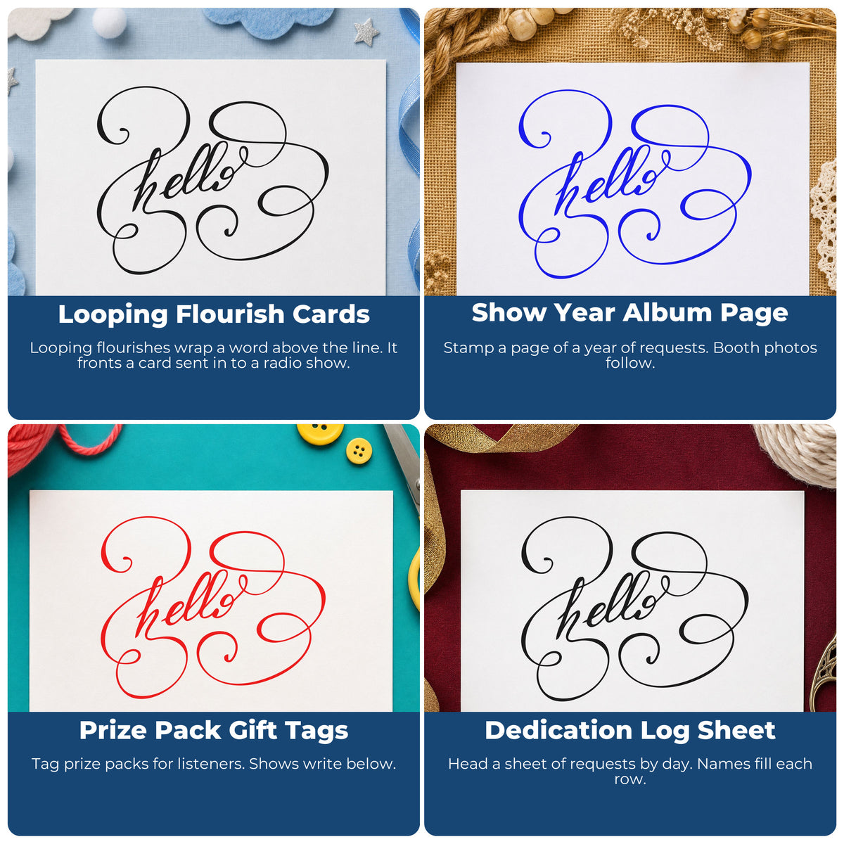 Four ways to use the Hello Your Birthday Swirls Lettering Flourish Rubber Stamp – Wood Handle: looping flourish cards, show year album page, prize pack gift tags and dedication log sheet.