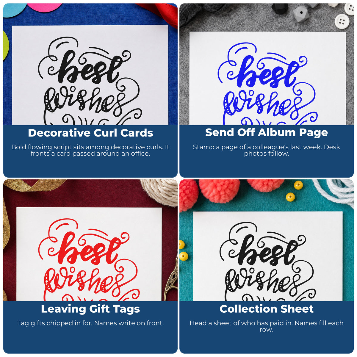 Four ways to use the Best Wishes Curled Flourishes Script Lettering Self-Inking Stamp: decorative curl cards, send off album page, leaving gift tags and collection sheet.