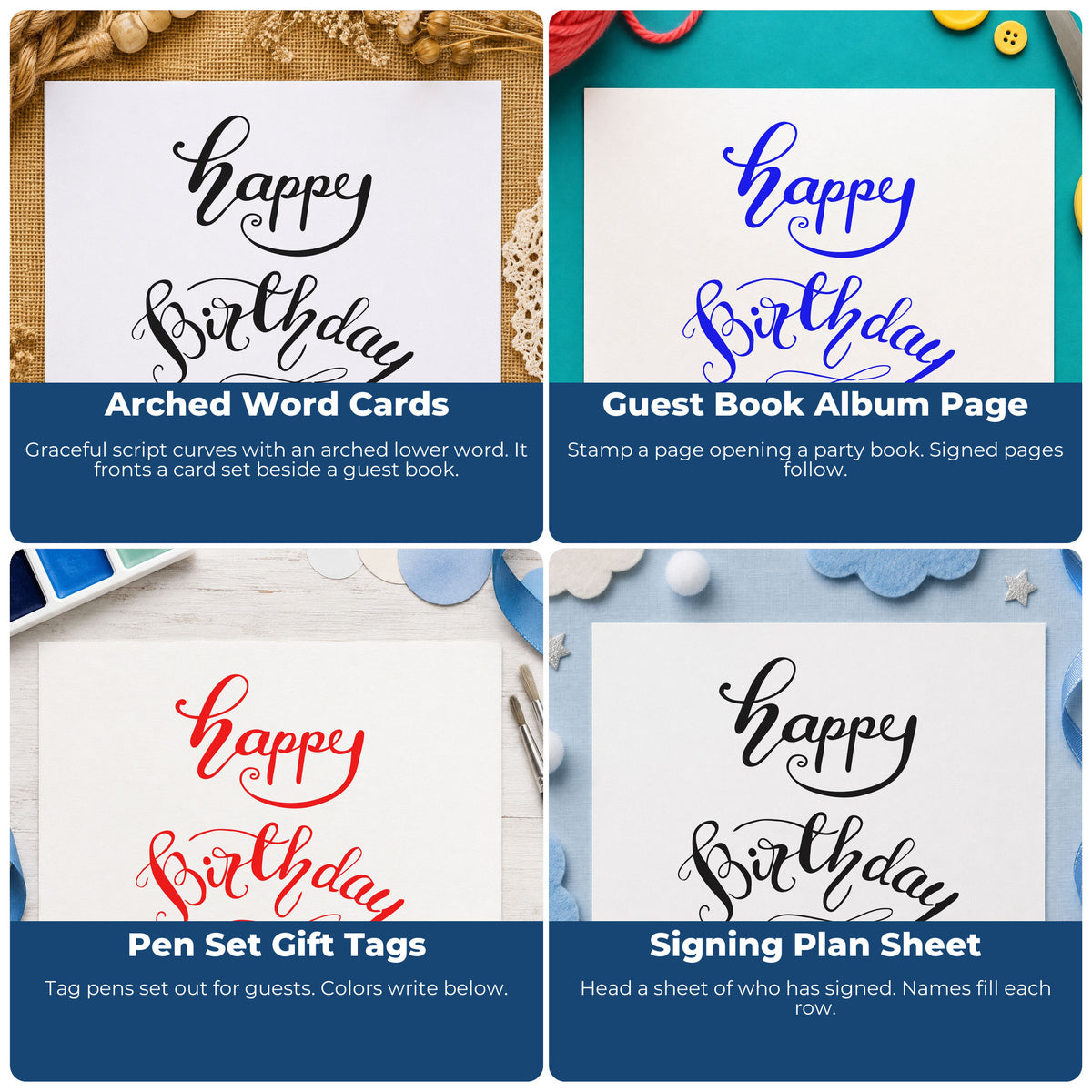 Four ways to use the Happy Birthday Curved Script Hand Stamp – Duo: arched word cards, guest book album page, pen set gift tags and signing plan sheet.