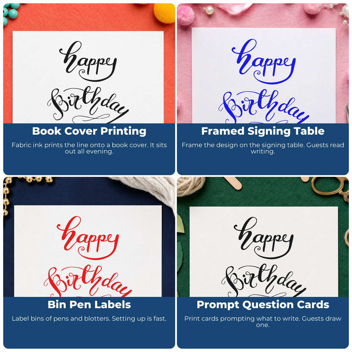 Four ways to use the Happy Birthday Curved Script Stamp – Slim Pre-Inked: book cover printing, framed signing table, bin pen labels and prompt question cards.