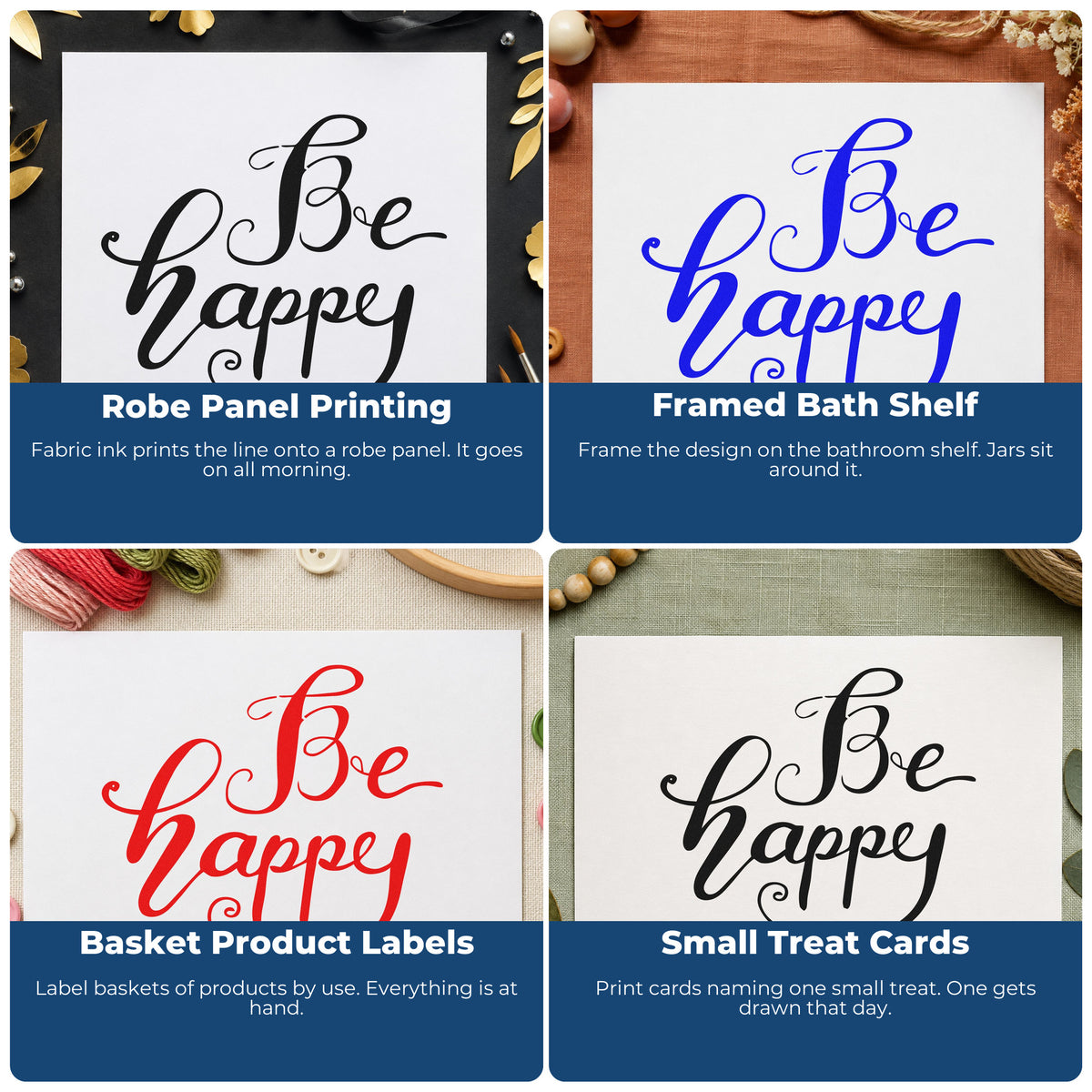 Four ways to use the Be Happy Flowing Script Lettering Self-Inking Stamp: robe panel printing, framed bath shelf, basket product labels and small treat cards.