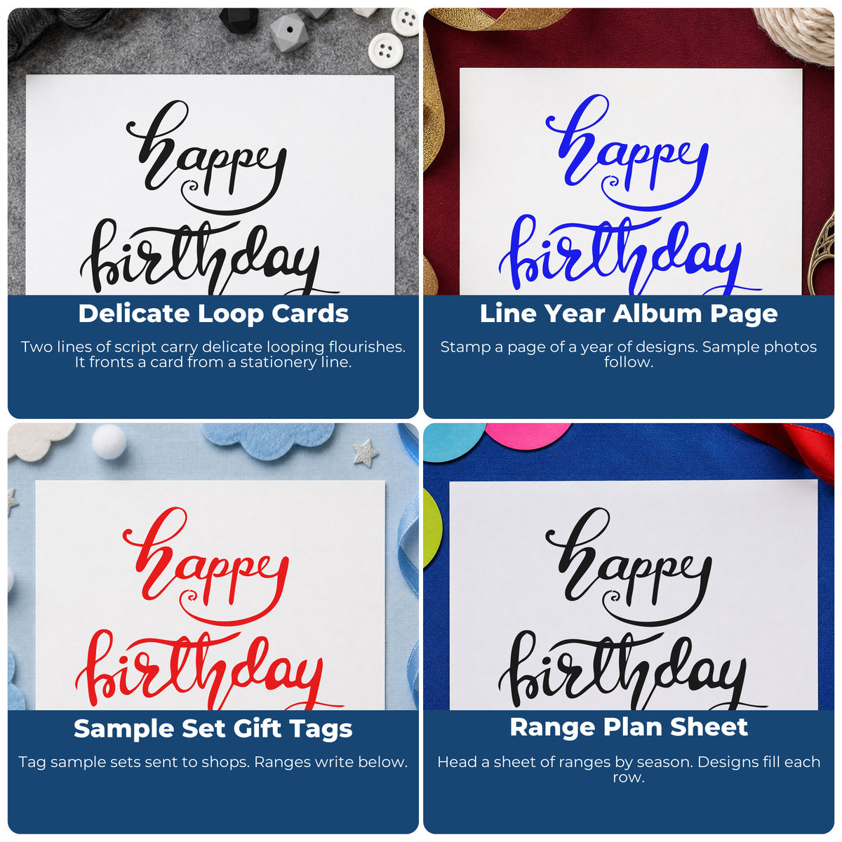 Four ways to use the Happy Birthday Fine Flourishes Premium Wood-Mounted Stamp - Vintage Pro: delicate loop cards, line year album page, sample set gift tags and range plan sheet.