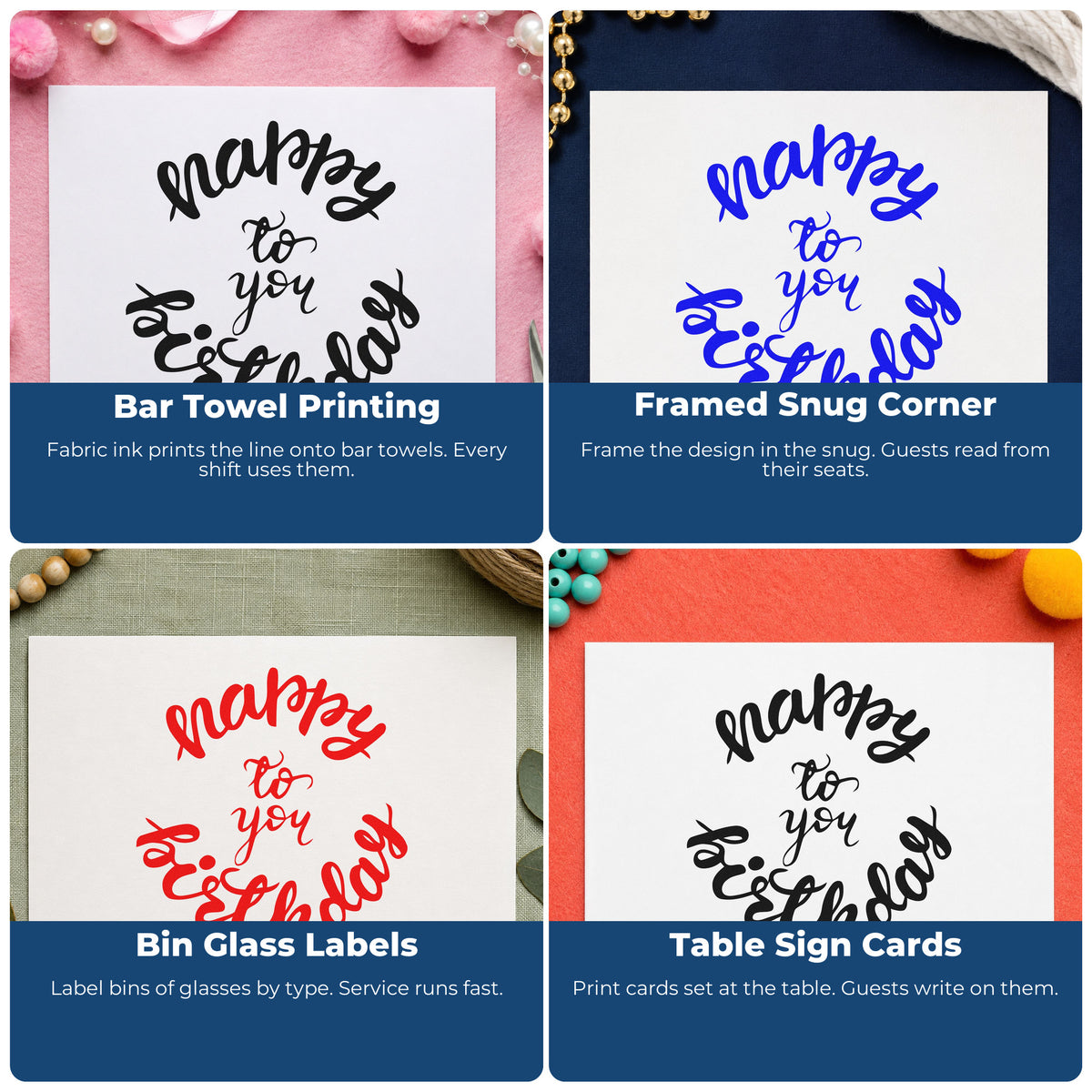 Four ways to use the Happy Birthday Circular Script Stamp – Wood Handle: bar towel printing, framed snug corner, bin glass labels and table sign cards.