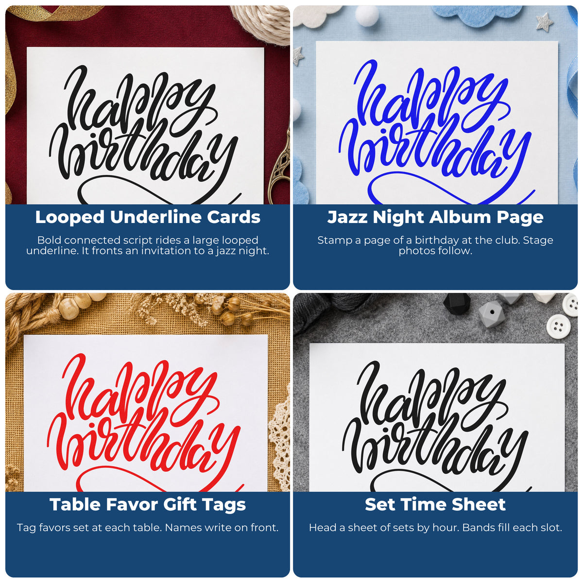 Four ways to use the Happy Birthday Loop Underline Self-Inking Craft Stamp: looped underline cards, jazz night album page, table favor gift tags and set time sheet.