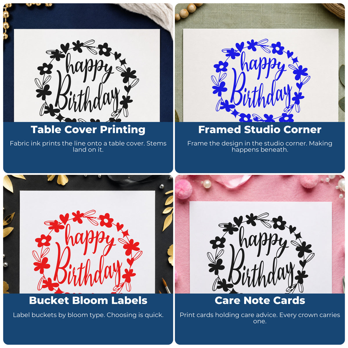Four ways to use the Floral Heart Wreath Birthday Wishes Self-Inking Stamp: table cover printing, framed studio corner, bucket bloom labels and care note cards.