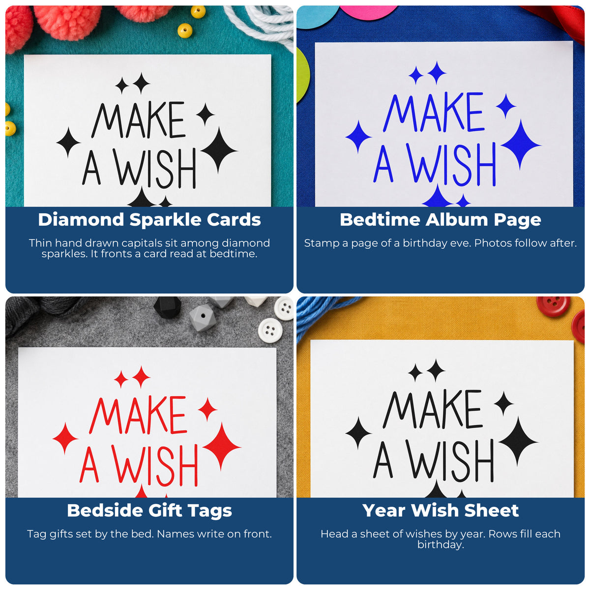 Four ways to use the Make A Wish Stamp – Duo Hand: diamond sparkle cards, bedtime album page, bedside gift tags and year wish sheet.